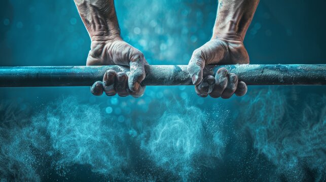 Athletic Gymnastics Banner: Close-Up of Hands Gripping Parallel Bars with Chalk Dust, Gradient Background
