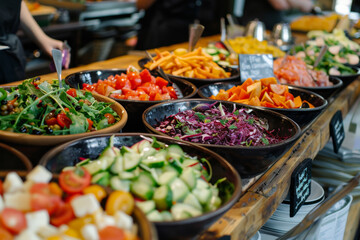 Fototapeta premium Fresh and Colorful Salad Bowls Displayed at Market