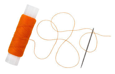 Old spool of thread and needle on a white background. Sewing accessories
