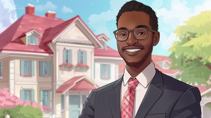Real estate agent smiling, traditional house backdrop, bright and professional, Hyperrealistic