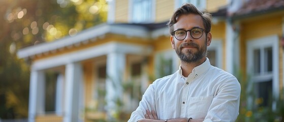 Portrait of a real estate agent, traditional house background, confident and welcoming, Realistic, Highdefinition 8K , high-resolution, ultra HD,up32K HD