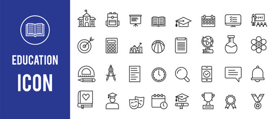 Set of Education and Learning thin line icon. Education, School, university, textbook, editable learning education icons. Education line icon set. Vector illustration.