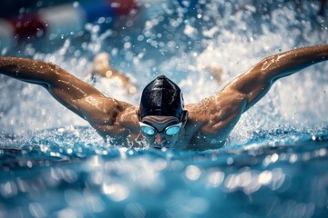 Olympic Athlete Performing Butterfly Stroke, Dynamic Water Splash, Competitive Swimming Event