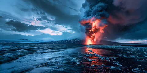 A volcanic eruption in a mountain range at sunset, with smoke clouds and ash billowing into the sky