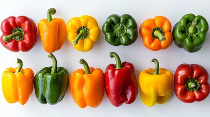 A row of peppers of various colors, including green, red, and yellow