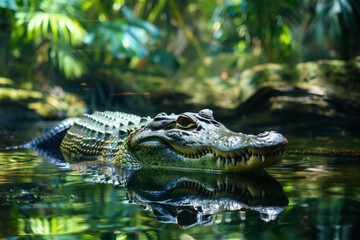 Obraz premium Crocodile floats in waters of lush rainforest. Alligator in river is waiting for prey