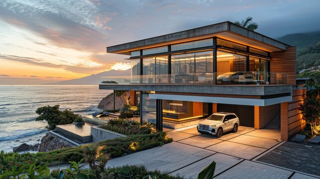 A large house with a pool and a car in the driveway