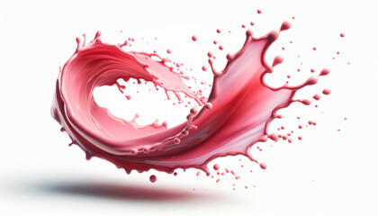 A dynamic splash of liquid pink captured mid-air on a white background. The liquid forms a smooth, flowing curve with droplets splattering