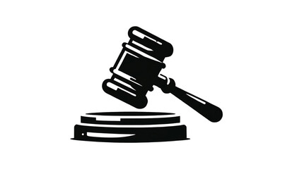 A simple black silhouette of a judge's gavel striking a sound block on a transparent background. The gavel is depicted in a minimalist style with clean
