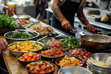 Obraz premium Chef Preparing a Variety of Fresh Dishes in Kitchen