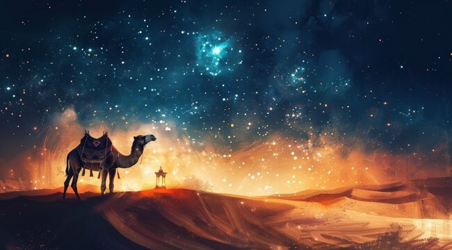Camel at night in desert with stars, ramadan concept. Ramadan Lantern, white background, watercolor style. Digital illustration 