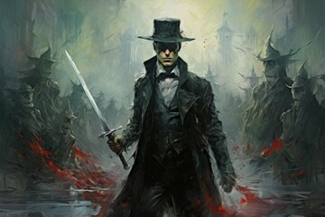 Fototapeta premium A vampire hunter, wielding a silvered blade and devoted to eradicating undead creatures. - Generative AI