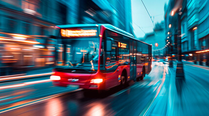 City bus in motion on a city road highway on blurred buildings background