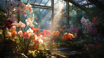 Orchid Greenhouse: Variety of colorful orchids, humid atmosphere, and structured glass walls.