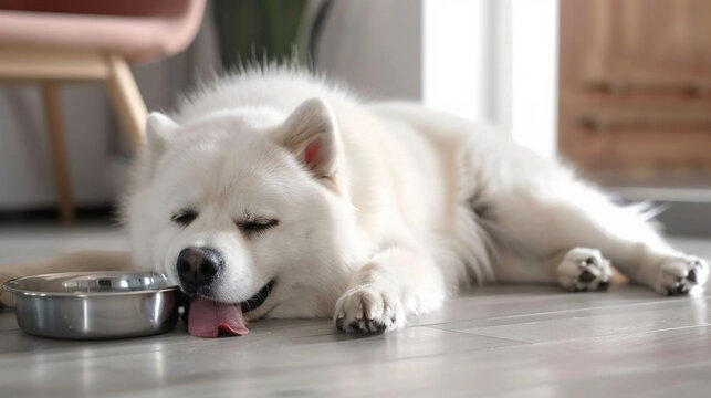 Heat stroke Samoyed dog in summer stick out your tongue on the floor with ice bowl.