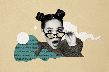 Composite photo collage of astonished girl hold hand glasses text box phrase breaking news wonder...