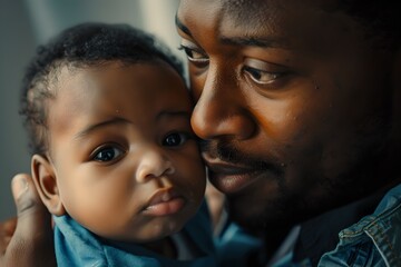 Tender moment between father and child captured in a close-up. Emotive portrait, family bonds. Soft lighting enhances intimacy. Generative AI