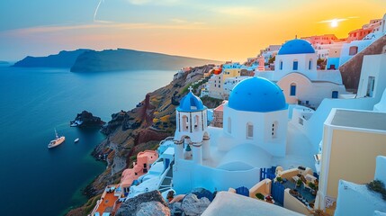 Obraz premium Majestic Sunset Casting Golden Glow on Blue and White Buildings