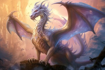 Obraz premium A wise and ancient dragon, with scales that shimmer in the sunlight and the power of ancient magic. - Generative AI