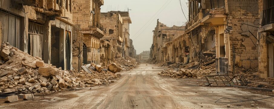 Desolate war-torn city street in ruins
