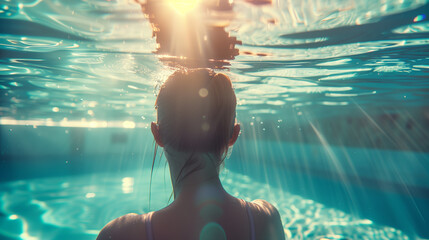 Young woman swimming underwater with sunlight filtering through water.