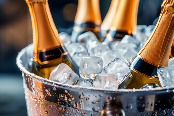 Bottles of champagne in ice bucket cooler