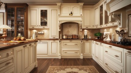 a traditional kitchen with cream-colored cabinetry and rich walnut accents, evoking a sense of timeless beauty and craftsmanship. 
