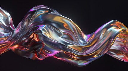 Obraz premium Closeup of swirling holographic flowing forms and curves on a black solid background.