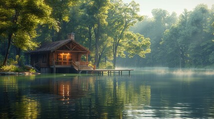 Obraz premium Serene lakeside cabin in misty morning light
