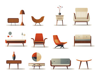 Modern furniture vector illustration set. Cartoon flat furnishings design with sofa armchair, lamp, table, house plants. Designer trendy items for home apartment or office interior isolated on white