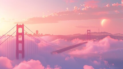 A stunning view of the Golden Gate Bridge rising through dense morning fog, with San Francisco's skyline barely visible in the background under a soft pink sky.