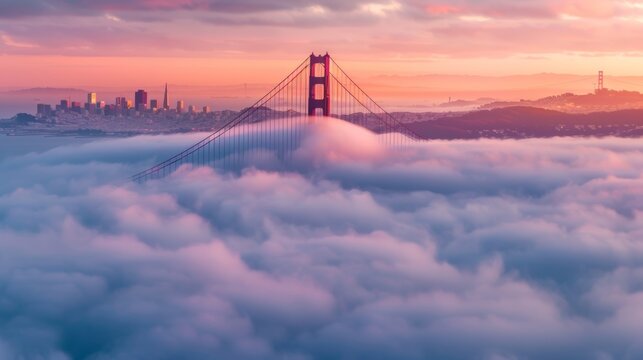 A stunning view of the Golden Gate Bridge rising through dense morning fog, with San Francisco's skyline barely visible in the background under a soft pink sky.