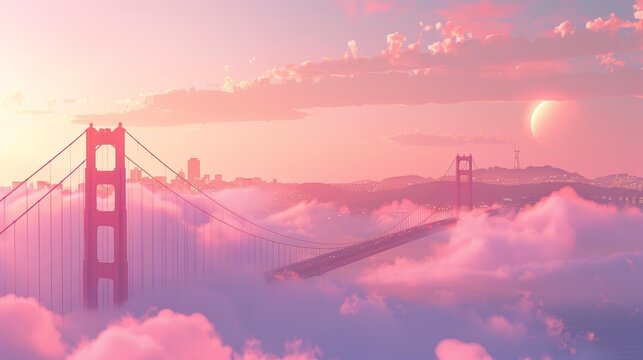 A stunning view of the Golden Gate Bridge rising through dense morning fog, with San Francisco's skyline barely visible in the background under a soft pink sky.