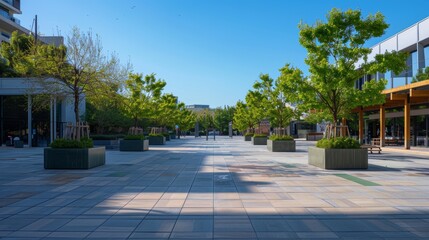 A spacious modern plaza with a tiled surface, set against a backdrop of green trees and contemporary buildings under a clear blue sky.