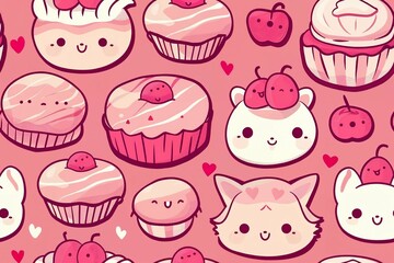 cute, pink-themed pattern featuring kawaii cupcakes, cherries, and animal faces.