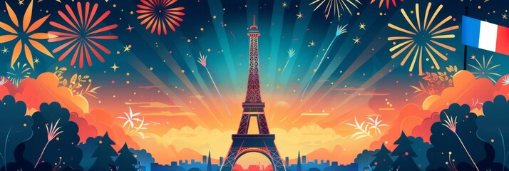 Flat illustration. Bastille Day, French national day. Fireworks over Paris against the backdrop of the Eiffel Tower with the country's flag and a panorama of the city. Holiday illustration