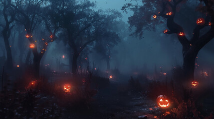 Spooky Halloween Forest with Glowing Pumpkins and Mist