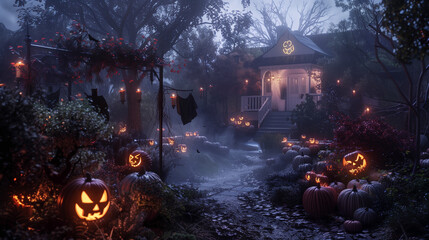 Naklejka premium Enchanted Halloween Night - Illuminated Pumpkins and Fairy Lights on Misty Garden Pathway