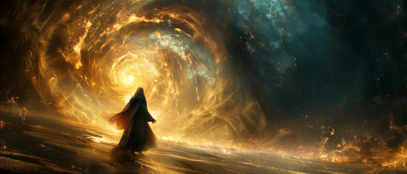 a shadowy figure wielding arcane magic in a dimly lit chamber, surrounded by swirling energy