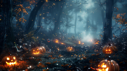 Spooky Halloween Forest with Glowing Pumpkins and Mist