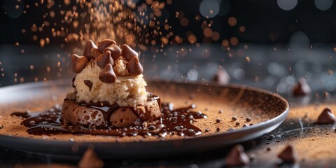Luxurious dessert with chocolate chips, elegant plating, moody lighting, refined and artistic, closeup, highresolution image, isolated background, copy space