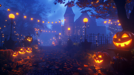 Enchanted Halloween Night - Spooky Pumpkin Pathway with Fairy Lights
