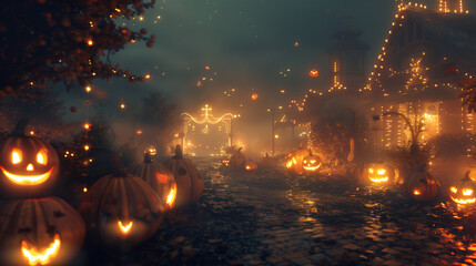 Enchanted Halloween Night - Spooky Pumpkin Pathway with Fairy Lights