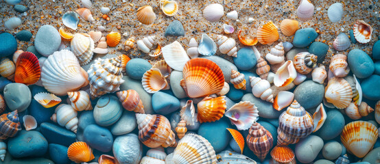Colorful pebbles background, top view. 