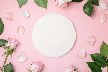The concept of tenderness. Top view flat lay of leaves with rose flowers on pastel pink background with blank white circle for text or branding.