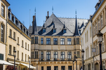 Architectural fragments of Grand Ducal Palace (Palais grand-ducal), palace in Luxembourg City, in...