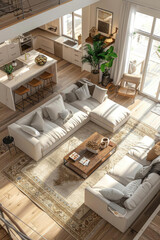 Illustrate a top-down perspective of a contemporary residence tailored for seniors Highlight the ergonomic furniture