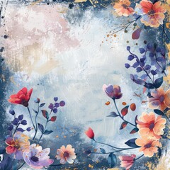 Floral pattern with advertising space. Romantic greeting card design in retro, grunge style. Decor with antique effect.
