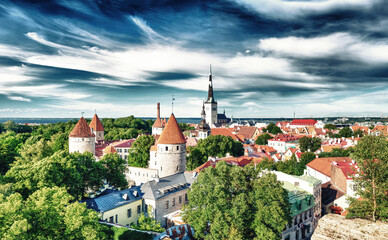 Panoramic aerial view of Tallinn from city hill, Estonia.