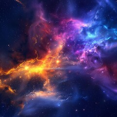 Fototapeta premium A stunning cosmic nebula with vibrant colors of blue, purple, and orange. Swirling clouds of interstellar gas and dust create an ethereal and dynamic scene, with bright stars scattered throughout.